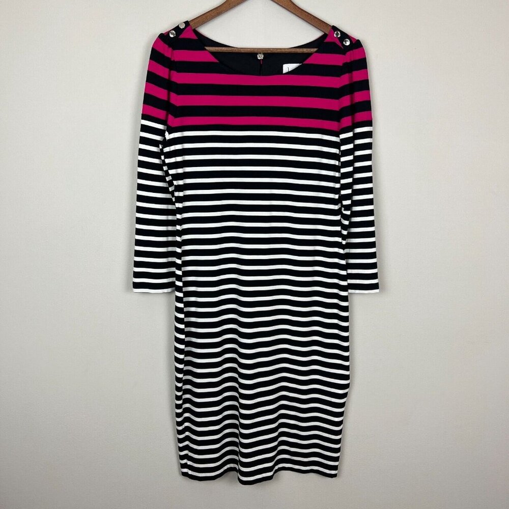 Joseph Ribkoff Dress Womens 12‎ Black Pink White Stripe Sheath Button 3/4 Sleeve